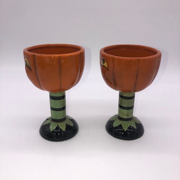 Johanna Parker Transpac Set Of 2 Jack O Lantern Pumpkin Goblets Halloween New - Picture 6 of 8